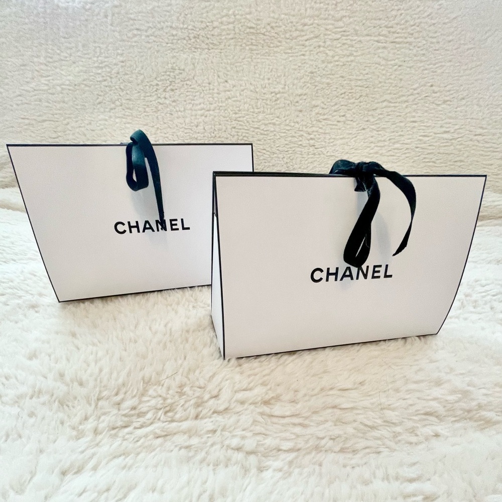 CHANEL Bundle of 2 White Bags w/ Black Ribbon Tie Closures 8 3/4”x5 1/2”